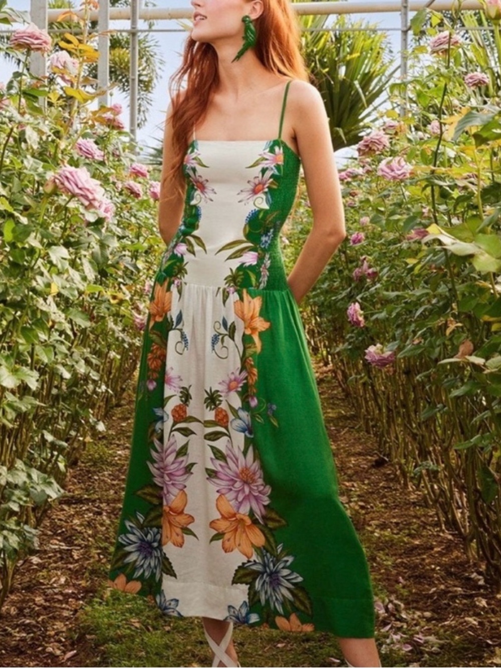 Farm Rio Sweetbloom Dreamscape Midi Dress!  💚🧡 - Picture 4 of 5